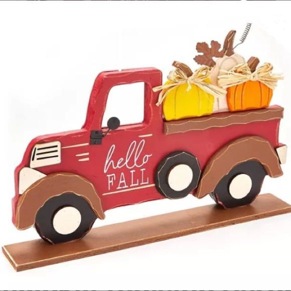 NWT Large- Hello Fall- Red Wooden Farmtruck with 3 Pumpkins Decoration w/ Base - Picture 16 of 17